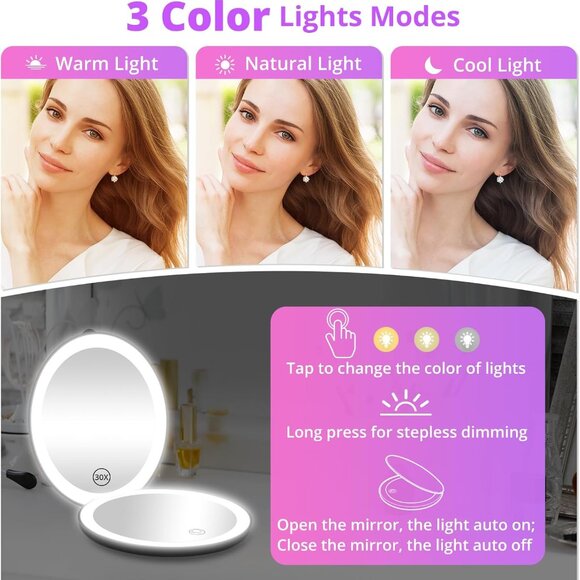 Led Lighted Folding Small Mirror with 3 Color Light, Large 4.8'' Rechargeable - Picture 9 of 16
